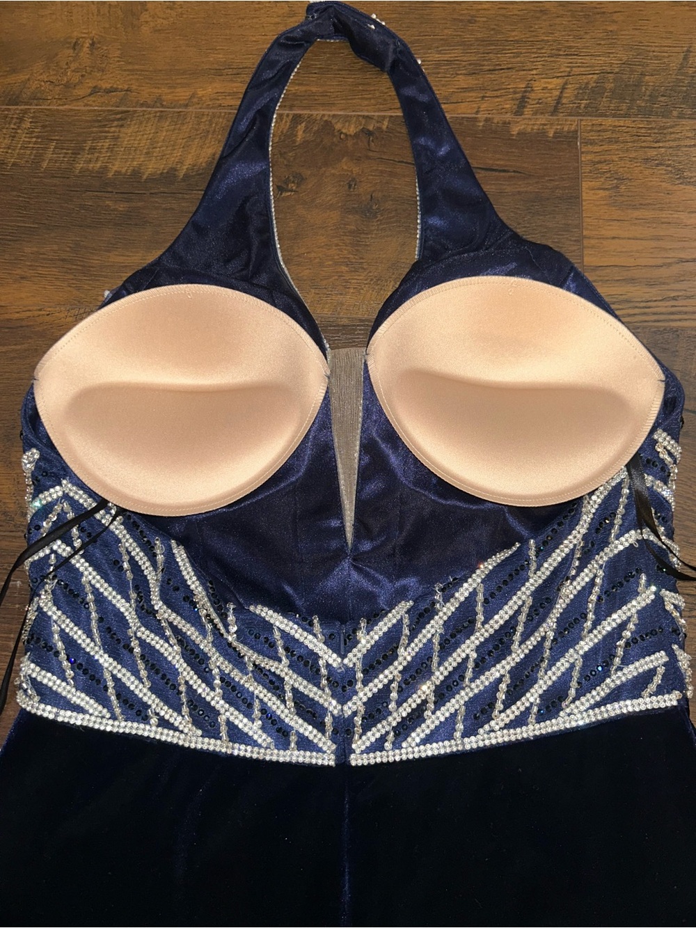 Amelia Couture Navy Velvet Halter Formal Dress with Beaded Bodice - Picture 6 of 16